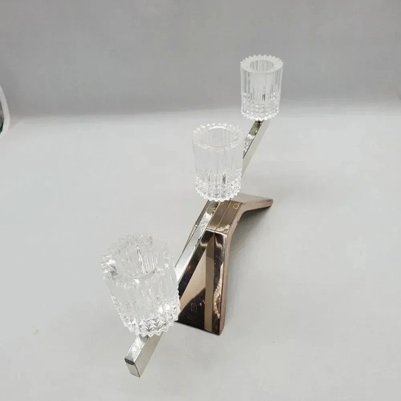 Vintage MCM 60s 3 Candle Stick Holder Silver Metal Bar Crystal Cups Germany Mod - Picture 9 of 16